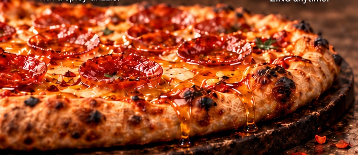 Hot honey glistening on a pepperoni pizza with a charred, golden crust