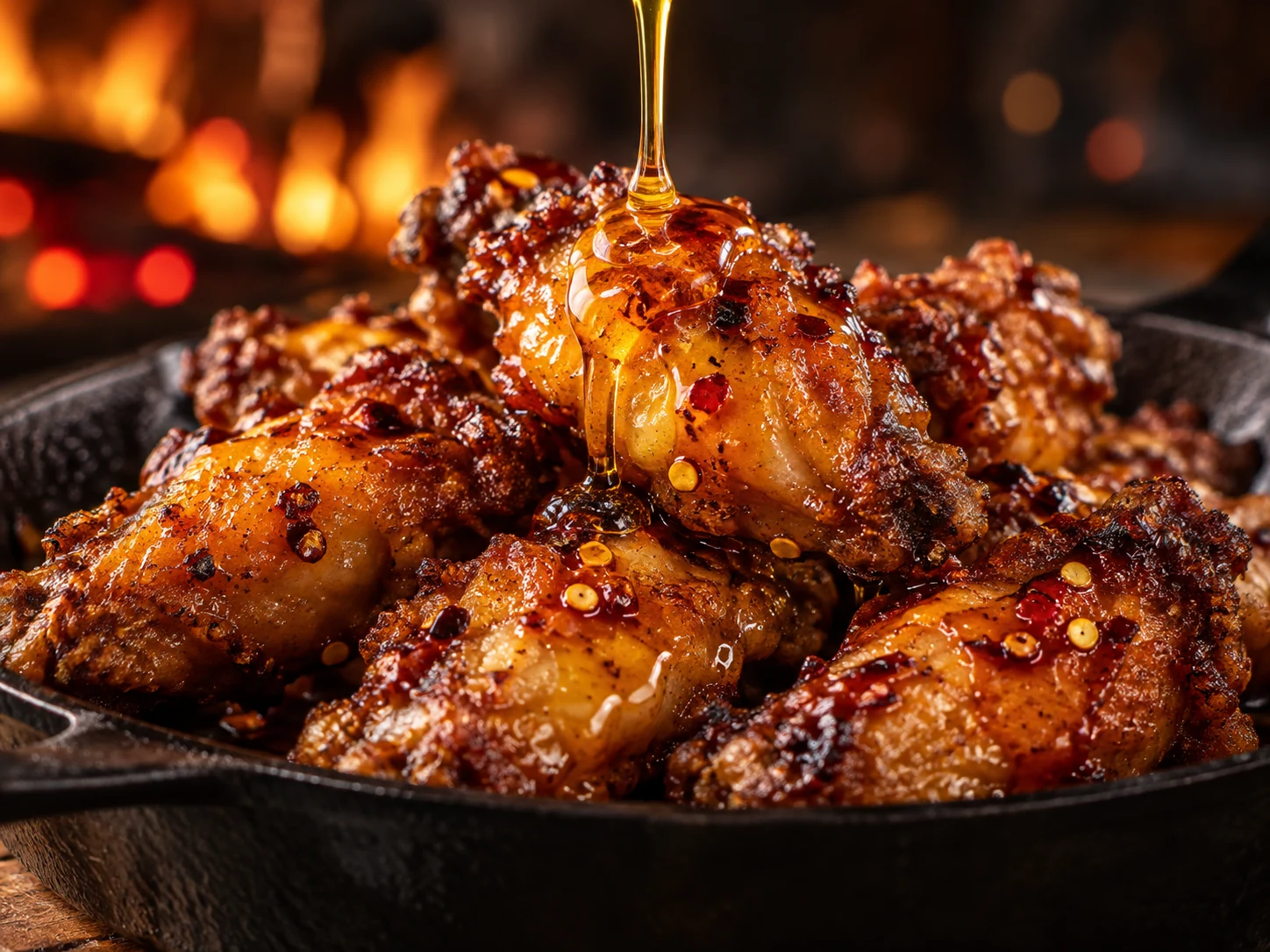Crispy chicken wings glazed with golden hot honey and red chili flakes